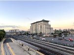 A dawn picture taken from the pedestrian bridge over the Emeryville Amtrak Station. The Hyatt House hotel is in the background and I happen to spend a few nights there. This hotel is a must for a railfan.